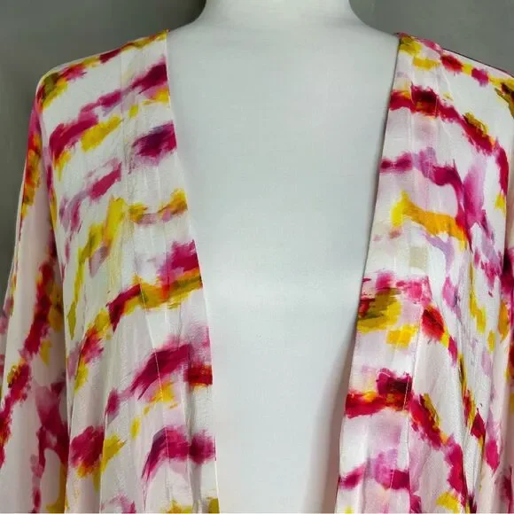 Anthropologie Pink Yellow Tie Dye Kimono Boho Festival Vacation Top OS - Picture 6 of 12